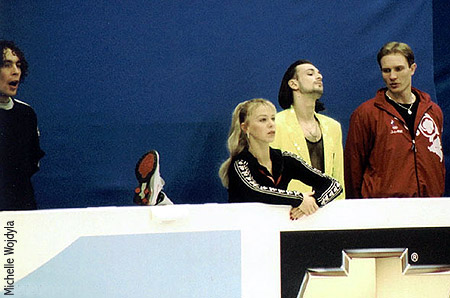 A sleepy Ruslan Goncharov, stretching Elena Grushina, bored Ilia Averbukh, plus Roman Kostmarov at practice at the MCI Center
