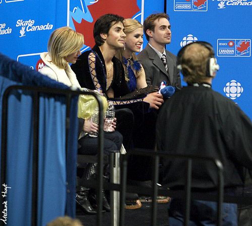 Kaitlyn Weaver &amp; Andrew Poje with coaches Shae-Lynn Bourne and Mathew Gates