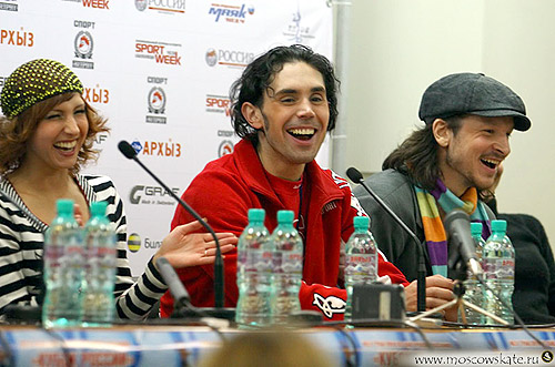 Jana Khokhlova, Sergei Novitski, and Maxim Shabalin at the press conference after the OD