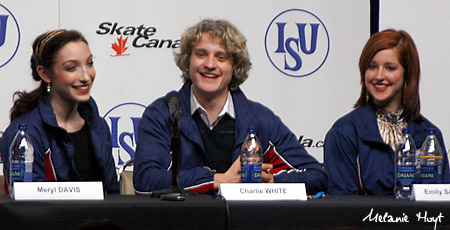 Meryl Davis, Charlie White, and Emily Samuelson at the press conference following the free dance