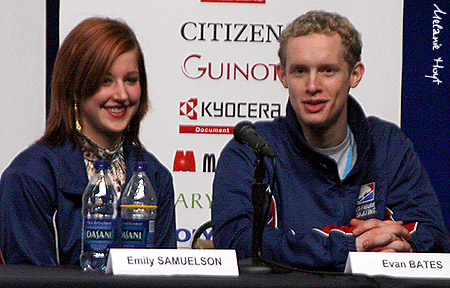 Emily Samuelson &amp; Evan Bates at the press conference following the free dance