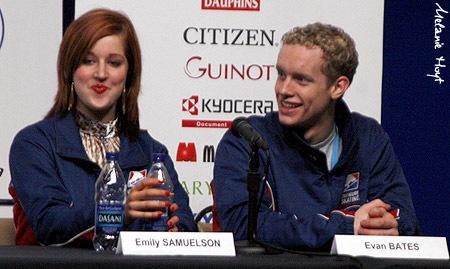 Emily Samuelson &amp; Evan Bates at the press conference following the free dance