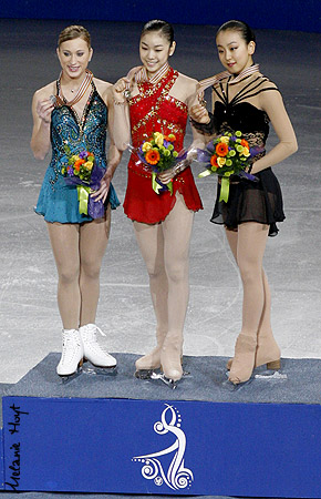 The Ladies' Podium: Joannie Rochette, silver; Yu-Na Kim, gold; Mao Asada, bronze