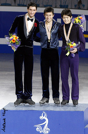 Evan Lysacek (USA) silver, Patrick Chan (CAN) gold, Takahiko Kosuka (JPN) bronze