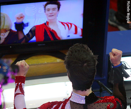 Brandon Mroz reacts to his score in the kiss and cry