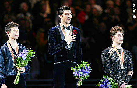 Patrick Chan, silver; Evan Lysacek, gold; Brian Joubert, bronze