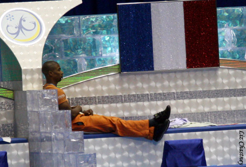 During a break in the action Thursday, pairs skater Yannick Bonheur takes a nap in Team France's penthouse