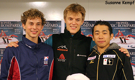 Adam Rippon, Tomas Verner, and Nobunari Oda at the press conference following the men's SP