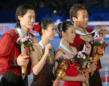 China's Senior Pairs Medalists: (L-R) Jian Tong &amp; Qing Pang (silver) Xue Shen &amp; Hongbo Zhao (gold)