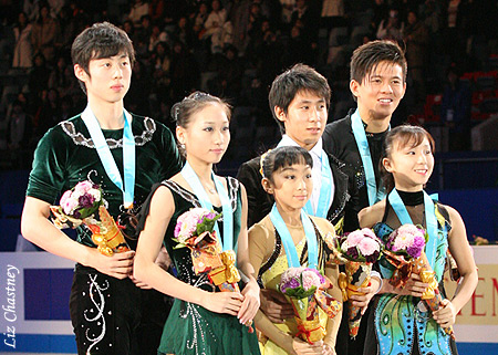 Junior Pairs Medalists: (L-R) Yue Zhang &amp; Lei Wang (CHN) bronze, Wenjing Sui &amp; Cong Han (CHN) gold, Narumi Takahashi &amp; Mervin Tran (JPN) silver