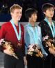 Junior Men's Medalists: (L-R) Ross Miner (USA) bronze, Yuzuru Hanyu (JPN) gold, Nan Song (CHN) silver