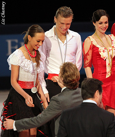 Ekaterina Riazanova &amp; Ilia Tkachenko (RUS) receive congratulations from Gwendal Peizerat