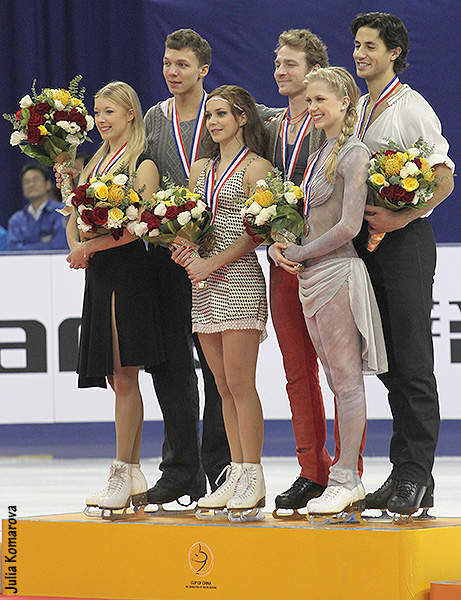 The ISU Grand Prix Cup of China winners stand on the podium