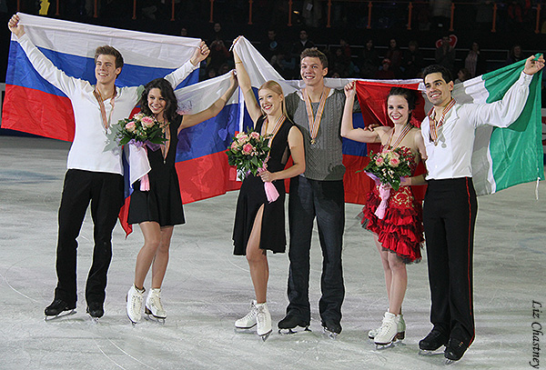 The European ice dancing medalists pose with their flags