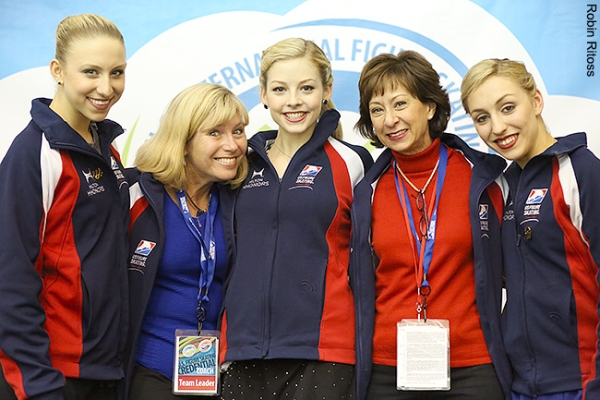 Agnes Zawadzki, Gracie Gold, Courtney Hicks with Team Leaders Lorrie Parker and Jenny Mast