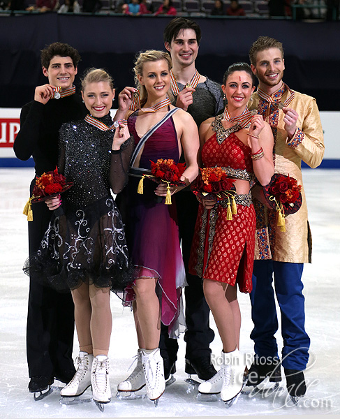 The medalists - Gilles & Poirier (silver), Hubbell & Donohue (gold) and Aldridge & Eaton (bronze)