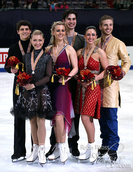 The medalists - Gilles & Poirier (silver), Hubbell & Donohue (gold) and Aldridge & Eaton (bronze)