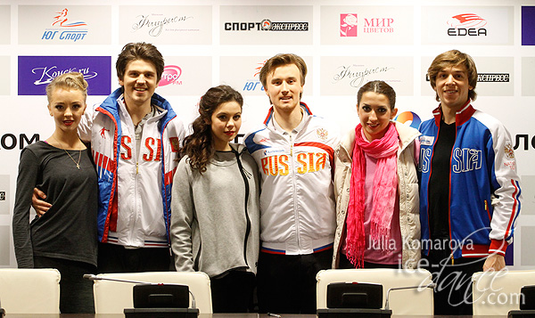 The Medalists: Stepanova & Bukin (bronze), Ilinykh & Zhiganshin (gold), and Monko & Khaliavin (silver)