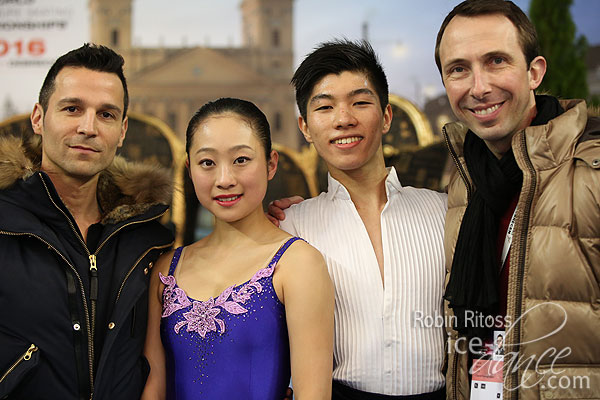 Rikako Fukase & Aru Tateno (JPN) with coaches Romain Haguenauer & Pascal Denis