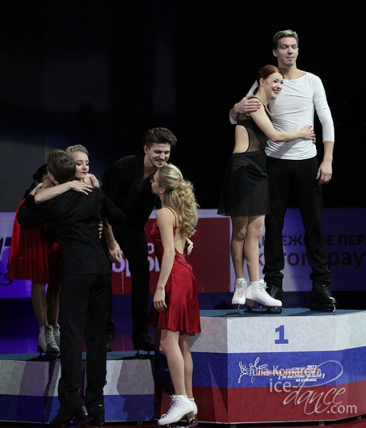 Hugs all around for Stepanova & Bukin and Sinitsina & Katsalapov